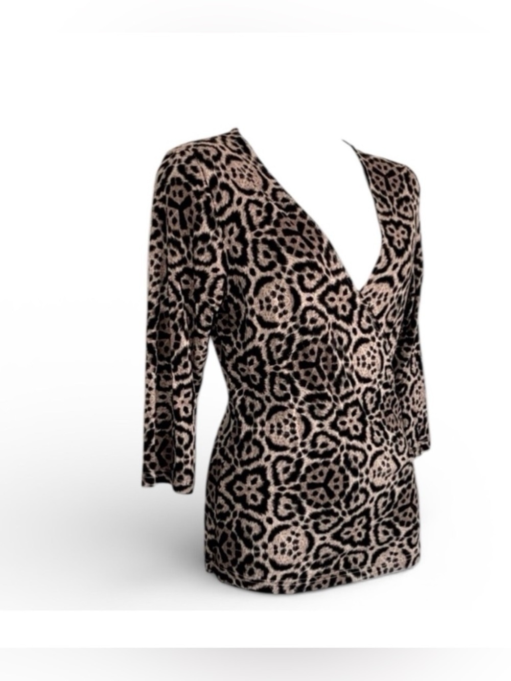 DOLCETTI top, women's S, leopard, surplice  front / V-neck, body con. EUC